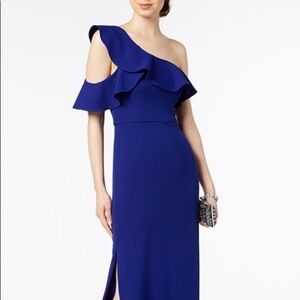 BETSY & ADAM NWT Ruffled One Shoulder Maxi Gown Dress Size 2 in Cobalt Blue